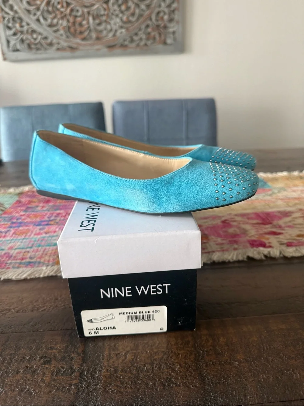 Nine West Women’s Turquoise Studded Suede Ballet Flats - Aloha Medium Blue Sz 6